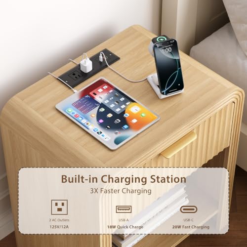 Curved Fluted Nightstands Set of 2 with Charging Station, Nature Oak - view 3