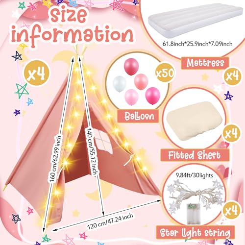 4 Pack Kids Teepee Tent Sleepover for Slumber Party, Pink - view 2