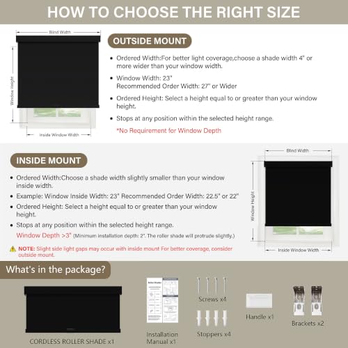 Cordless Blackout Roller Shades Blinds for Windows,34"W x 72"H,Black - view 2