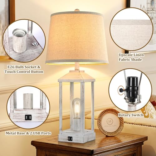 28" Farmhouse Table Lamps for Living Room Set of 2, 3-Way Dimmable Bedside Lamp with USB Ports, White Rustic Touch Control Nightstand Lamps for Bedroom, Modern Desk Lamp for Office, 4 Bulbs Included - view 4