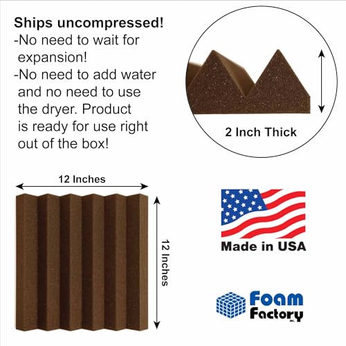 Foam Factory Inc 24 Pack Color Acoustic Foam Panel Studio Soundproofing Wedge Wall Tiles 12” X 12” X 2” (Brown) - view 2