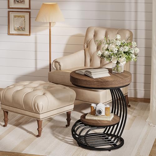 Round End Table, 2-Tier Farmhose Wood Side Table with Shelf Storage, Small Sofa Side Bedside Nightstand, Arc-Shaped Frame Accent Furniture for Living Room, Light Brown - view 7