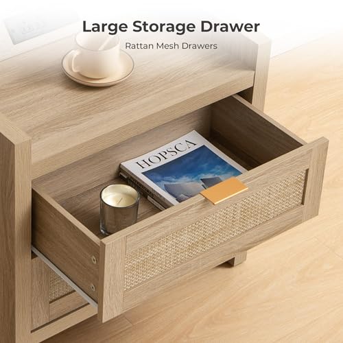 Rattan Night Stand for Bedroom, Bedside Table with 2 Drawers - view 4