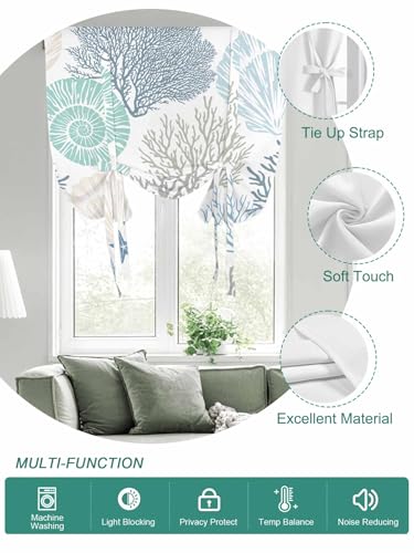 Tie Up Curtain for Windows, Blue Ocean Shells Coral Balloon Rod Pocket Curtains Adjustable Tie-up Shade Valance for Kitchen, Conch Starfish Marine Life Window Treatment 1 Panel 36x45in - view 2
