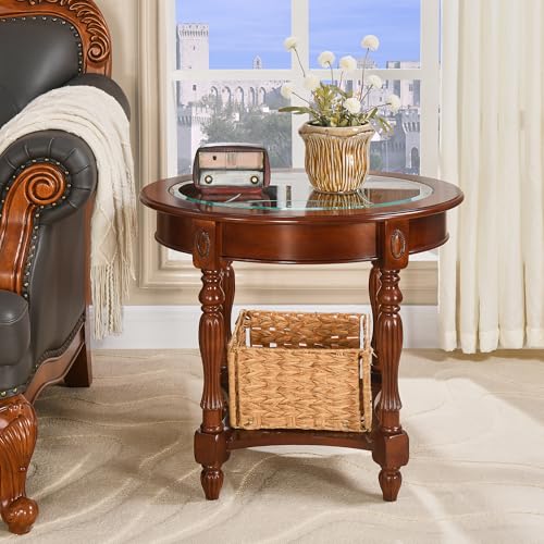 Oval Round Glass End Table, 2-Tier Solid Wood Glass Top End Side Tables, Traditional Victorian Nightstand for Bedroom Living Room Office, 28" W x 22" D x 24.2" H, Cherry Walnut CJZ-1533-GT - view 4