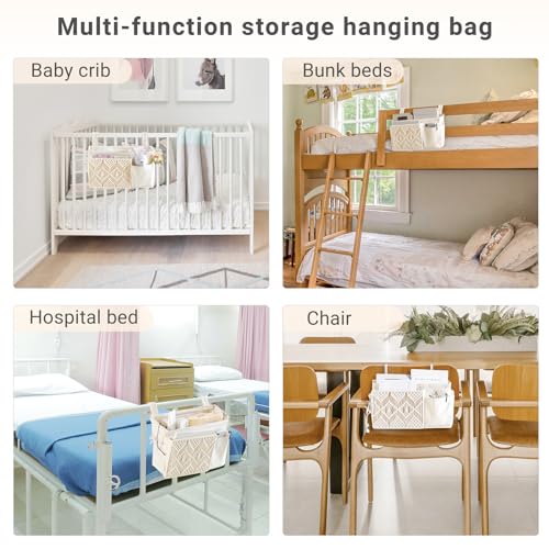 Bedside Caddy, Macrame Hanging Organizer, 4 Pockets Ivory Metal Hooks - view 4