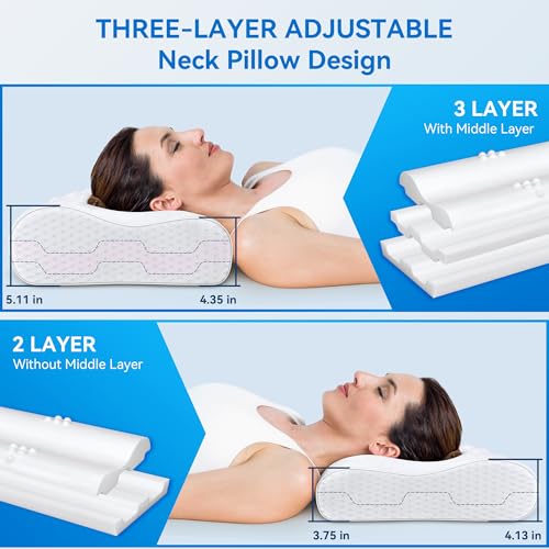 Cervical Neck Pillow for Pain Relief- Adjustable Queen Size Cooling Pillow for Sleeping, Memory Foam Pillows for Neck Shoulder, Ergonomic Contour Bed Pillow for Side, Stomach & Back Sleepers - view 4