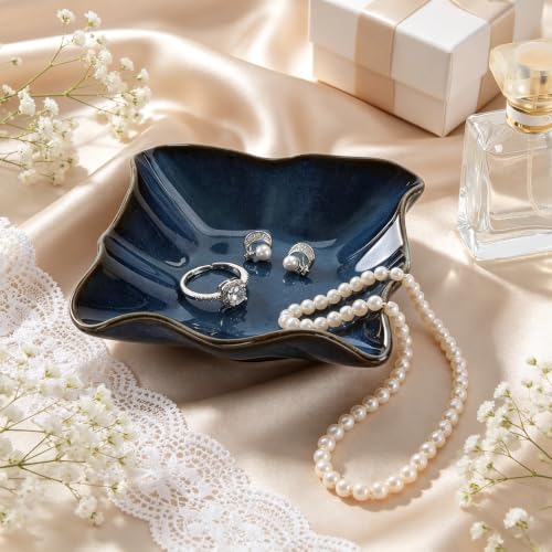 Ceramic Ring Dish BlueWavy Square,Trinket Dish Ring Holder Jewelry Tray Cute Vanity Organizer Aesthetic Nightstand Bathroom Room Decor - view 5