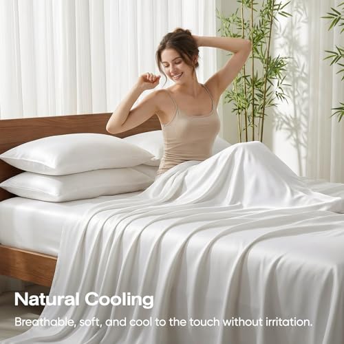 100% Real Bamboo Viscose & Lyocell Tencel Sheets Set King Size | Breathable & Cooling for Hot Sleeper | Luxury Silky Soft Fabric | 18" Deep Pocket with Corner Straps (White, King) - view 3