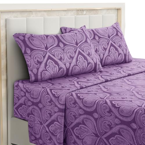 Paisley Queen Sheet Set, 4 PC Soft Microfiber Wrinkle Free Sheets - Luxurious Printed Bed Sheets Includes Flat Sheet, Fitted Sheet with Deep Pockets, & 2 Pillowcases - Purple - view 2