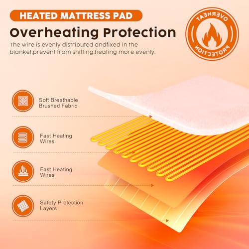 Electric Heated Mattress Pad Queen Size Dual Control, Fast Heating Bed Warmer with Deep Pockets, 9 Heat Settings & 10H Auto Shut Off, Machine Washable Mattress Cover, White 60"*80" - view 2