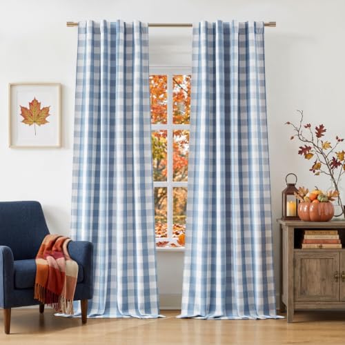 Short Blue Buffalo Plaid Blackout Curtain Panels 63 Inches Long
