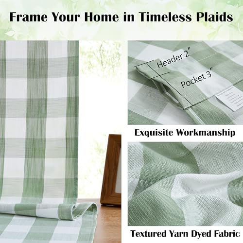 Short 63 Inch Sage Green White Buffalo Plaid Semi Sheer Curtains - view 2