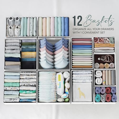 Drawer Organizer Clothes Set of 12 White-Grey - Dresser Organizer For Nursery, Bedroom, Closet - Perfect Baby Clothes Organizer and Storage & General Nursery Organization or Dresser Drawer Organizers - view 4