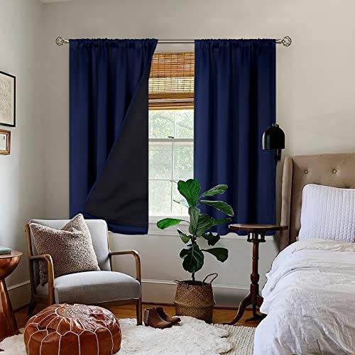 Thermal Insulated 100% Blackout Curtains for Bedroom with Black Liner, Double Layer Full Room Darkening Noise Reducing Rod Pocket Curtain (52 x 45 Inch, Navy Blue, 2 Panels) - view 2