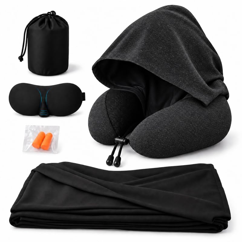 4 Pack Travel Sleep Set,Hooded Neck Pillow,Arm Wrap,Sleep Mask & Earplugs