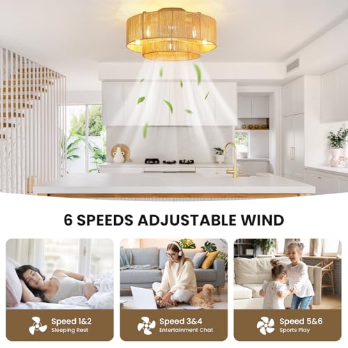 Boho Ceiling Fans with Lights: 20 inch Fandelier Low Profile Ceiling Fans with Remote Control, 5 Blades 6 Speeds DC Reversible E12 5 Light Flush Mount Rattan Ceiling Light Fixtures for Bedroom - view 5