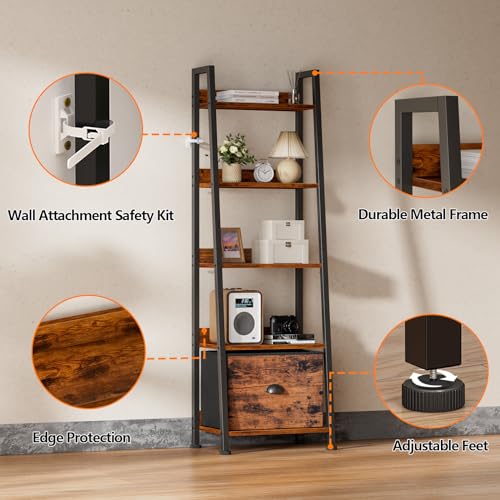 Ladder Shelf, 5 Tier Bookshelf with Fabric Drawer, Rustic Brown - view 4