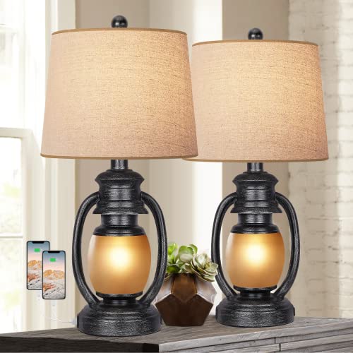 Table Lamps for Bedroom Set of 2 Rustic Farmhouse Living Room Bedside Lamp with 2 USB Port and Outlet Black Nightstand Lamps with Nightlight Miner Lantern for End Table