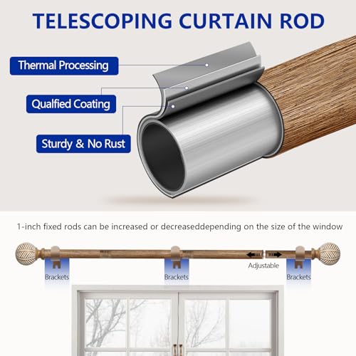 Wood Curtain Rods for Windows: 1 Inch Diameter Adjustable Heavy Duty Curtain Rod 48" to 86" with Imitation Wood Grain Leaf Pattern Finials - view 4