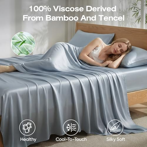 100% Real Bamboo Viscose & Lyocell Tencel Sheets Set King Size | Breathable & Cooling for Hot Sleeper | Luxury Silky Soft Fabric | 18" Deep Pocket with Corner Straps (French Blue, King) - view 2