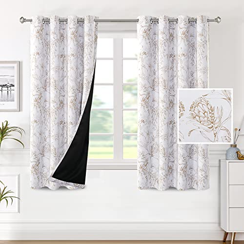 100% Blackout Curtains for Living Room Camellia Floral Blackout Curtains 63 Inches Long Light Blocking Window Treatment Curtains with Black Liner Grommet Thermal Drapes, 2 Panels, Taupe