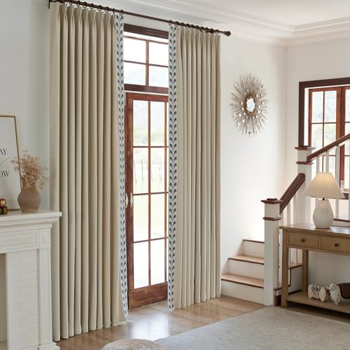 Cotton Linen Solid Colour Curtains, Beige Pinch Pleat Curtains with Embroidered Trim for Living Room, Sliding Patio Doors Bedroom (50Wx96L (Set of 2)) - view 2