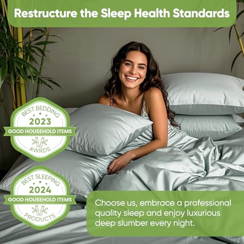Real 100% Viscose Derived from Bamboo Sheets Set King Size, Cooling & Silky Soft for Hot Sleeper, Luxury with Breathable & Moisture Wicking Fabric, 18" Deep Pocket with Corner Straps (Sea Glass, King) - view 2