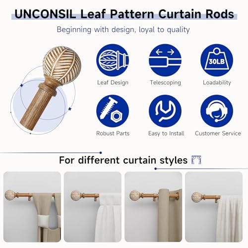 Wood Curtain Rods for Windows: 1 Inch Diameter Adjustable Heavy Duty Curtain Rod 48" to 86" with Imitation Wood Grain Leaf Pattern Finials - view 5