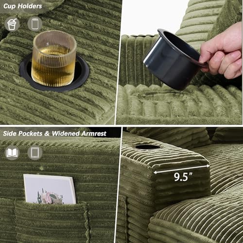 50" x 76" Corduroy Chaise Lounge Sofa Bed with Cup Holders, Green - view 3