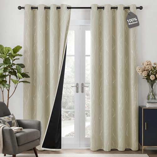 100% Blackout Print Curtains for Living Room 84 Inch Long 2 Panels