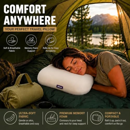 Travel Memory Foam Neck Pillow – Compact Deep Sleep Pillow for Side & Back Sleepers, Portable for Hotels, Camping, On-The-Go, with Yellow Storage Bag - view 2