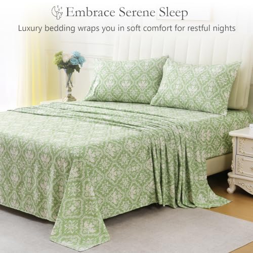 Queen Size Printed Sheet Set, 4 Pieces Bed Bedsheets, Sage Green - view 3