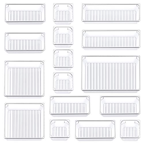 16 Pcs Drawer Organizer Set, 5-Size Bathroom Vanity Trays Makeup Desk Dividers Versatile Storage Bins Clear Plastic Container for Dresser, Bedroom, Kitchen, Office