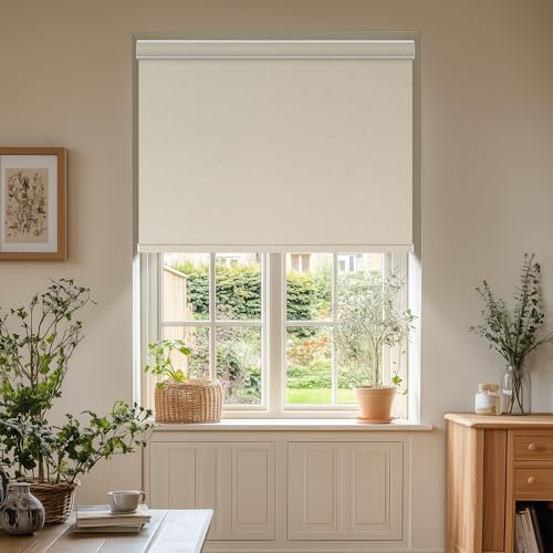 Blackout Roller Shades for Windows,Free-Stop Cordless Roller Blinds with Cassette Valance,Striped Jacquard Window Shades for Bedroom,Thermal Insulated Fabric,Beige,45.5" W x 76" H - view 2