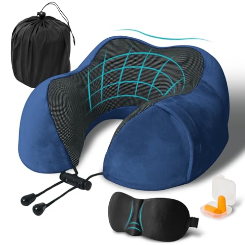 Travel Pillow, Memory Foam Neck Pillow for Traveling, U Shape Neck Pillow Airplane Portable Flight Pillow Travel Kit with 5D Contoured Eye Masks and Earplug for Plane Train Car Home Office - Blue