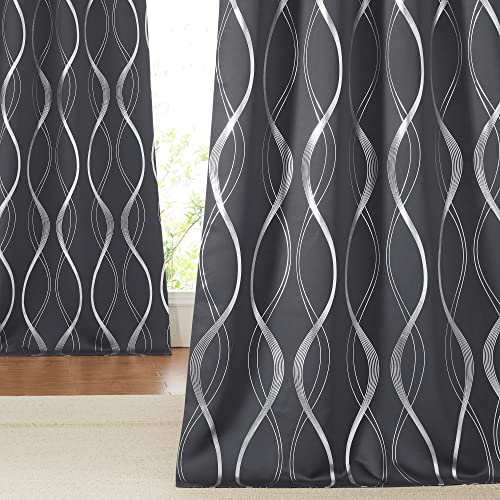 Extra Long Blackout Curtains for Large Window, Grey, 52" x 102", 2 Panels, Foil Printed Wave Lines Energy Saving Thermal Insulated Blackout Draperies for Kids Nursery Boys Bedroom