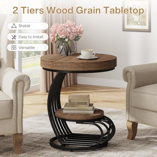 Round End Table, 2-Tier Farmhose Wood Side Table with Shelf Storage, Small Sofa Side Bedside Nightstand, Arc-Shaped Frame Accent Furniture for Living Room, Light Brown - view 4