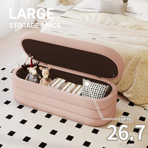Storage Ottoman Bench Upholstered Fabric Storage Bench for Bedroom End of Bed Aesthetic Large Oval Ottoman for Living Room Entryway (Pink) - view 3