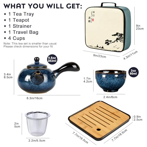 Chinese Gongfu Tea Set, Kiln Altered Glaze Porcelain Tea Set with 1 Teapot, 4 Tea Cups & 1 Tea Tray, Portable Japanese Tea Sets with Storage Bag for Travel, Gifting, Outdoor, Dark Blue - view 6