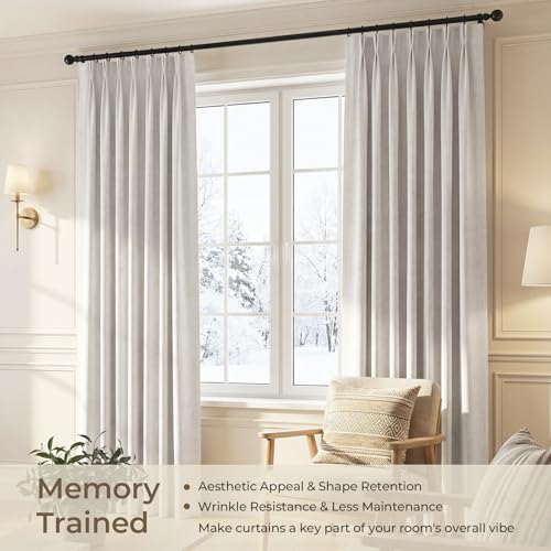 Pleated 100% Blackout Linen Curtains for Bedroom Living Room, Memory Trained Thermal Insulated Room Darkening Window Pleat Drapes with Hooks, 2 Panels (White, 40" W x 108" L (Pack of 2)) - view 2