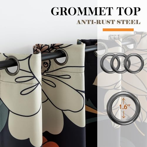 Black Boho Floral Grommet Blackout Curtains, 52W x 45L, 2 Panels - view 4