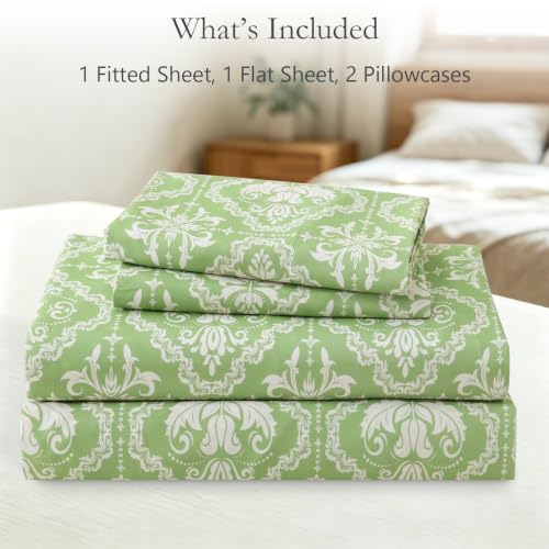 Queen Size Printed Sheet Set, 4 Pieces Bed Bedsheets, Sage Green - view 6