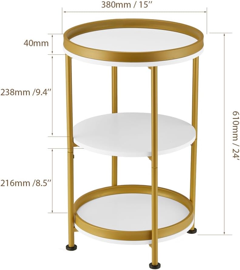 Round Side Table with Storage Tray for Living Room, 15" L x 15" W x 24" H Bedroom Nightstand 3 Tiers Bedside Table with Steel Frame for Small Spaces (White & Gold) - view 2