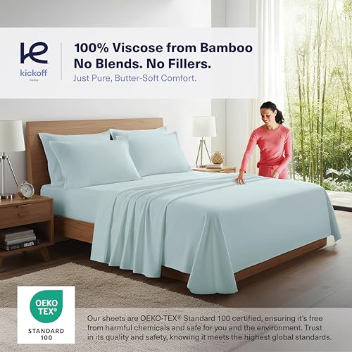 Kickoff Viscose Bamboo Sheets Split King Size 5-pc 100% Organic Bamboo Viscose Bed Cooling Sheets Split King Size Set Cool Bedding for hot Sleepers Sheet Set - Gift Ready Packaging (Coastal Blue, SK) - view 4