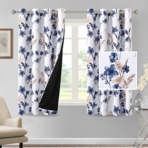 100% Blackout Curtains 63 inch Length 2 Panels Set Cattleya Floral Printed Drapes Leah Floral Thermal Curtains for Bedroom with Black Liner Sound Proof Curtains, Navy and Taupe