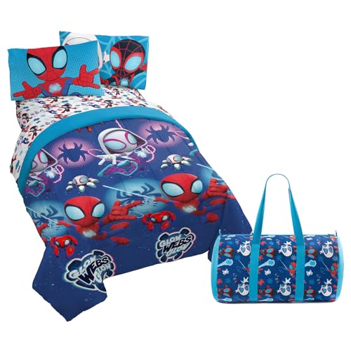Marvel Spidey & His Amazing Friends Twin Size Comforter Set - 4 Piece Includes Sheet Set, Pillow Covers & Bonus Duffle Bag - Super Soft Kids Bedding with Ghost Spider and Miles Morales