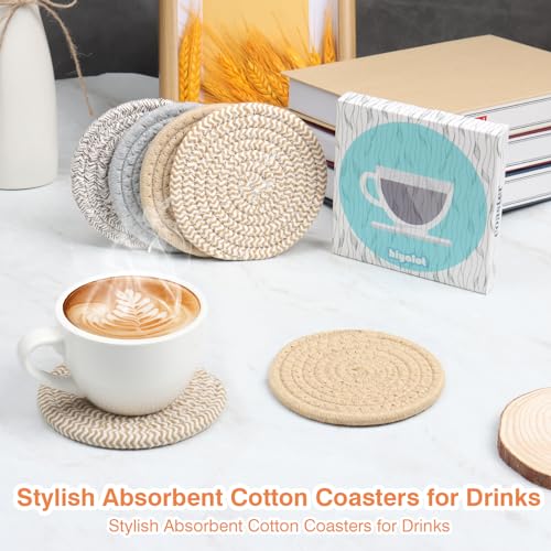 4.8" Drink Cotton Coasters Set of 2 - Boho Woven Drink Pads for Coffee & Tea, Neutral Sandstone Blend Fabric Cup Mats for Desk, Table, Nightstand, Dorm, Giftable Absorbent Coaster Set (Latte) - view 5