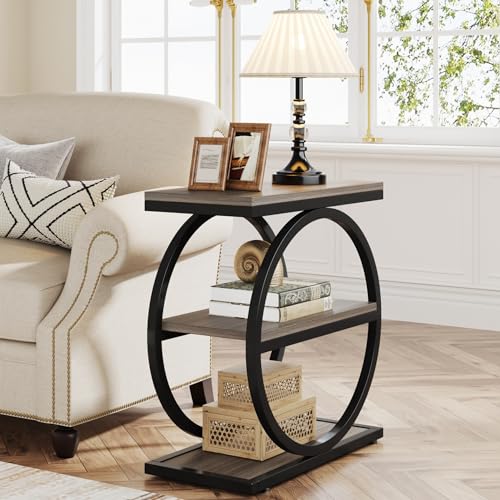 3-Tier End Table, Grey Side End Table with Storage Shelves, Small Sofa Side Table for Living Room, Slim Nightstand and Bedside Table with Black Double Round Metal Legs - view 4
