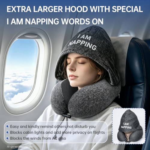 Travel Neck Pillow with Hood for Privacy on Long Flights-Comfortable Memory Foam Filling for Plane, Office,Car Sleeping and Resting, Road trip Head and Neck Support for Airplane Travel Essentials - view 2